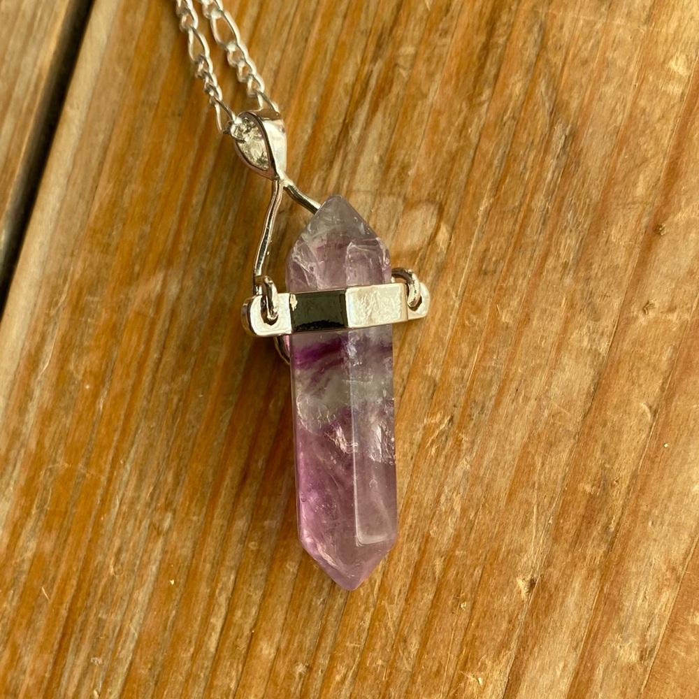 Rainbow Flourite Sterling Silver Necklace Purple Pink 20” - Picture 6 of 15